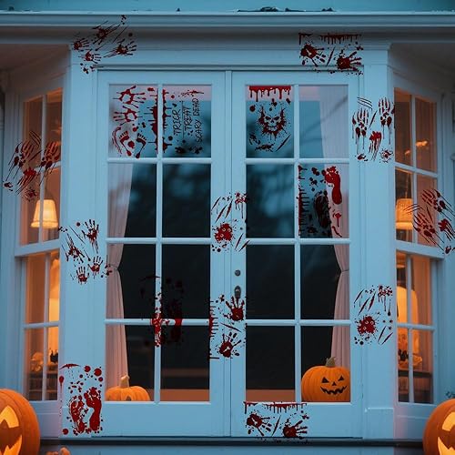 Miniatura 3 de 9 hojas de Halloween para ventana, diseño de huellas de manos sangrientas espeluznantes, huellas aterradoras, calavera, calcomanías de vidrio