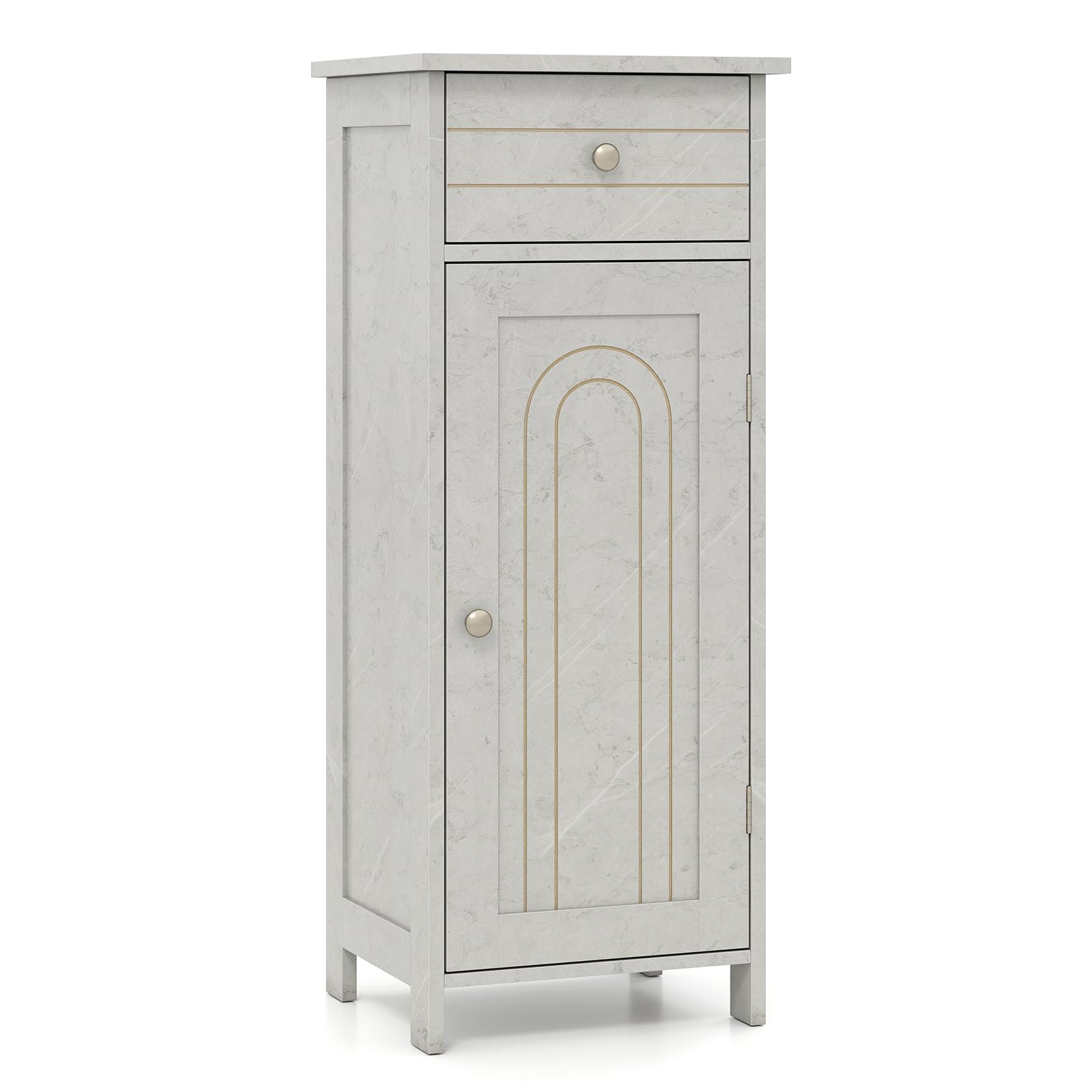 COSTWAY Bathroom Storage Cabinet, Freestanding Wooden Narrow Floor Cupboard with Single Door and Drawer, Slim Bathroom Cabinet Unit for Living Room Hallway (7-Position Adjustable Shelves, Cement Grey)