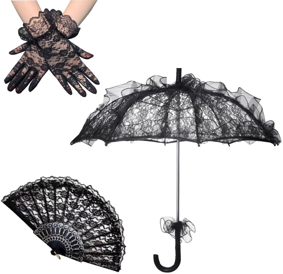 Lace Parasol Umbrella Set Halloween Black Lace Umbrella Parasol Vintage Lace Embroidery Parasol Black Lace Gloves Handheld Folding Fan for Weeding Bridal Dancing Party Halloween Cosplay