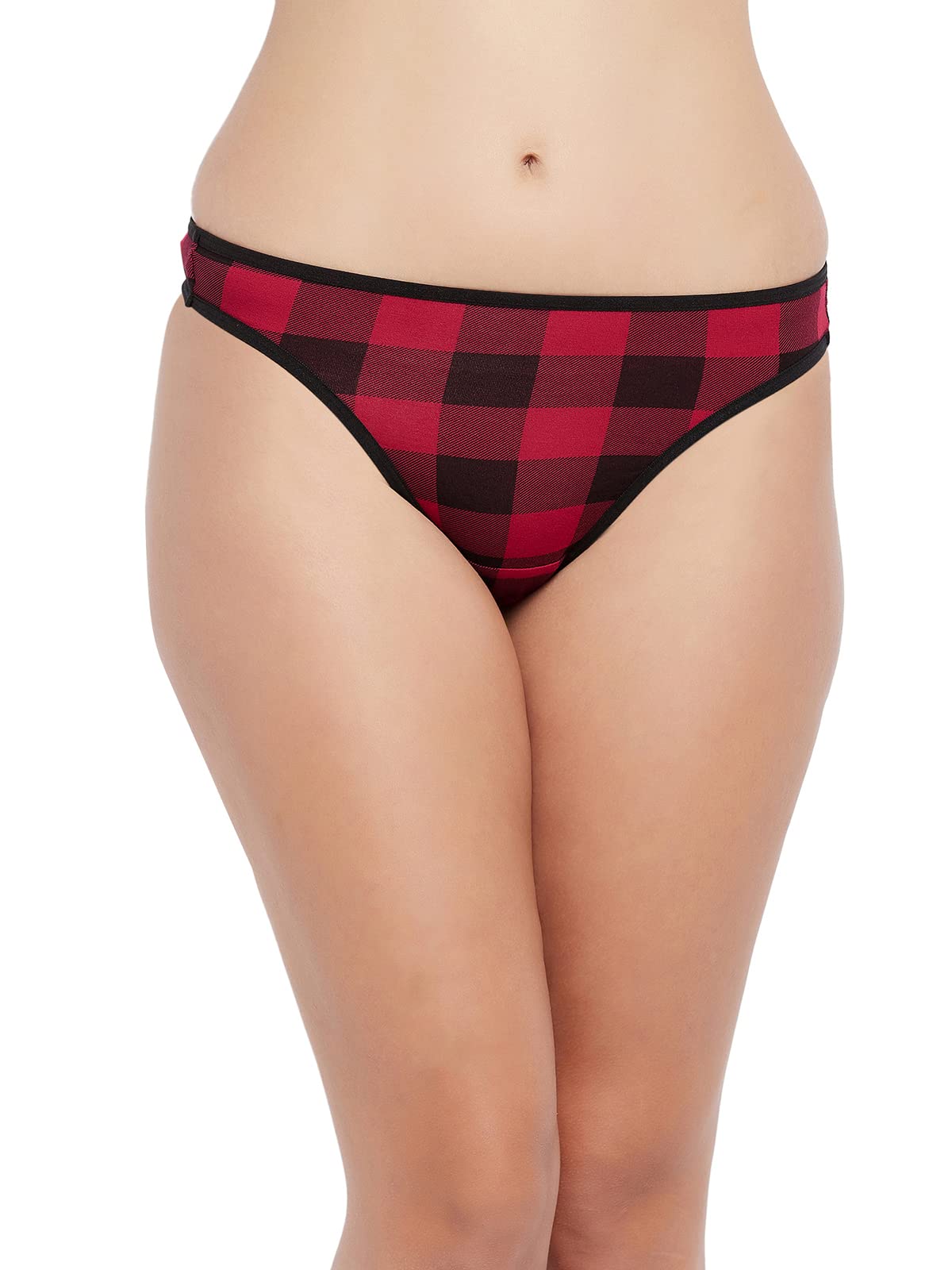clovia Women's Cotton Low Waist Checkered Print Thong in Red-picture-37