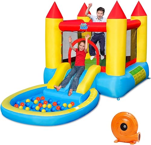 GLACER Casa inflable de salto, tobogán acuático para niños con piscina de salpicaduras, 30 bolas oceánicas, pared de malla protectora, costura