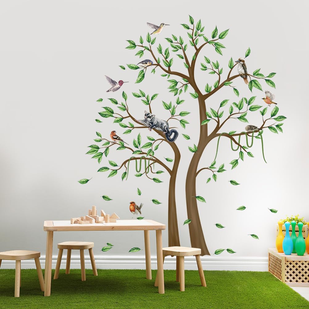 Green Tree Wall Sticker Large Tree Wall Decal Green Leaf Plant Wall Stickers Peel and Stick Jungle Tree Wall Decals Cute Animal Bird Wall Art Mural for Bedroom Decor