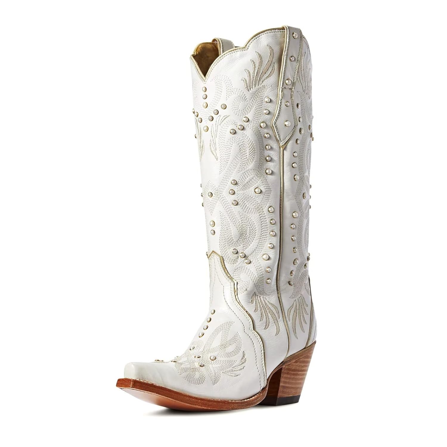 Agodor Cowboy Boots For Women Pearl Cowgirl Ladies Knee High Boots with Classic Embroidery Pointed Toe Chunky Heel