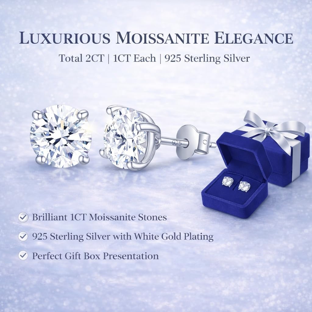 Moissanite Earrings for Women, D Color VVS1 Lab Created Round Cut Stud Earrings, 925 Sterling Silver with White Gold Plating, Hypoallergenic Push Back