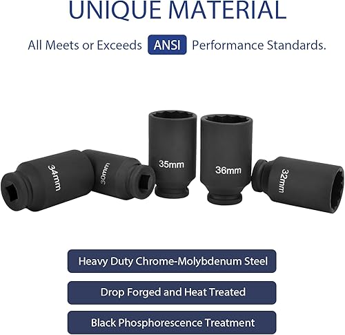 Miniatura 4 de higehio Juego de dados de tuerca de eje de 12 puntos con accionamiento de 12 pulgada, juego de llaves métricas de impacto profundo de 1.181 in,