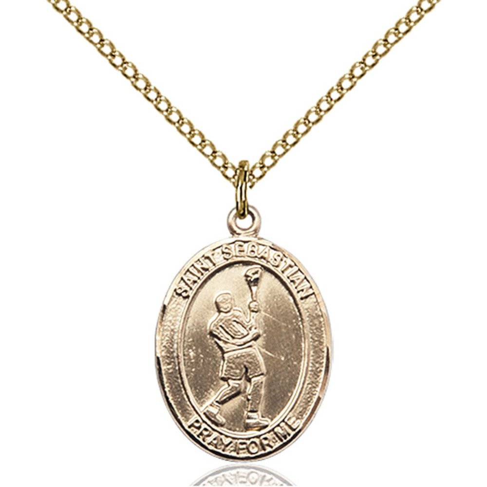 Bonyak Jewelry Saint Medal Collection Custom Engraved Gold Filled St. Sebastian/Lacrosse Pendant 3/4 x 1/2 inches with Gold Filled Lite Curb Chain