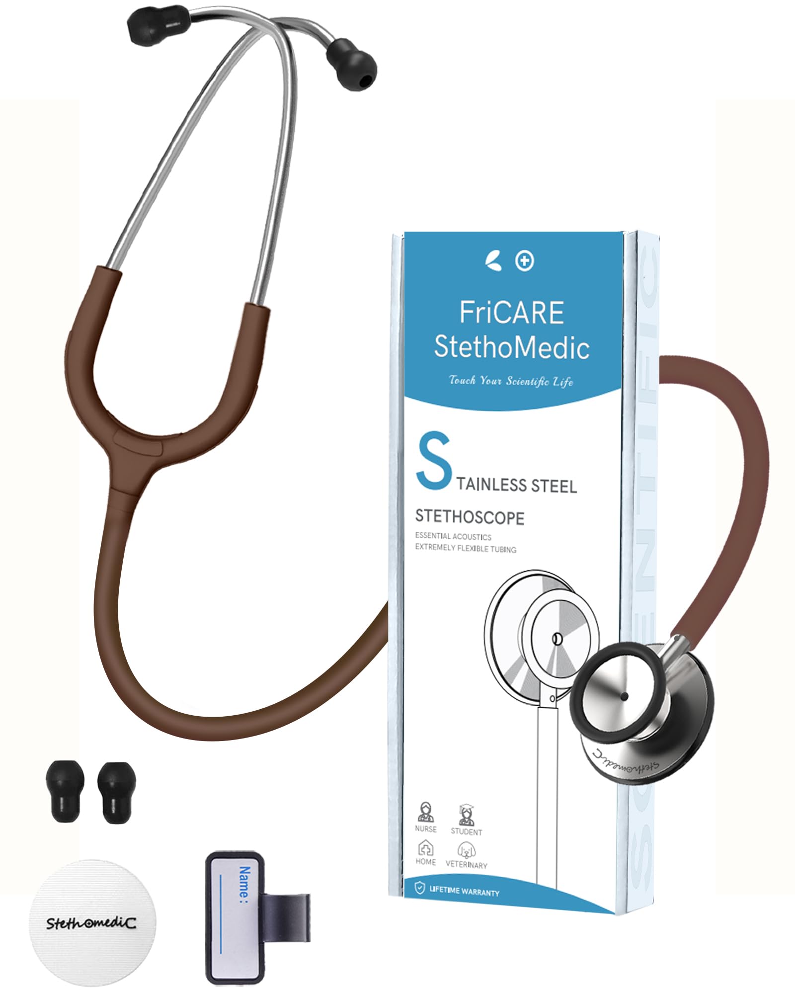 FriCARE Dual Head Stethoscope - Stethoscopes for Nurses, Medical Nursing Students, Paramedics/EMT/LVN/VNA Backup Estetoscopio, Chocolate Brown Tube, Stainless Steel Chestpiece