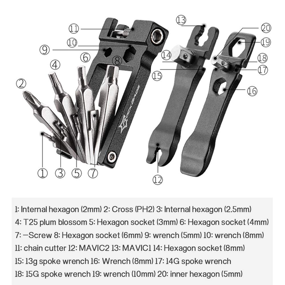 Kit Attrezzi per Riparazione Biciclette Cacciaviti per Raggi Bici Taglia Catena Leva del Pneumatico Chiave a Brugola Attrezzi da Ciclismo Multifunzione MTB Road Bike