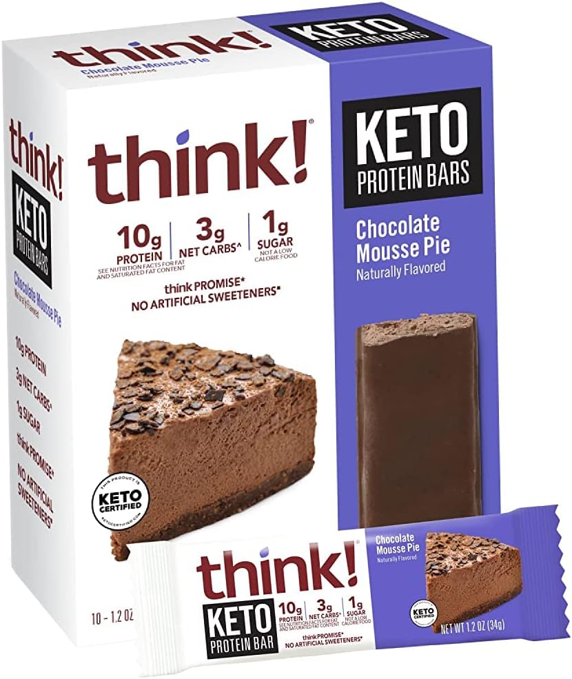 think, Keto Protein Bars, Healthy Low Carb, Low Sugar, Gluten Free Snack with No Artificial Sweeteners, 3G Net Carbs & 10G of Whey Protein - Chocolate Mousse Pie (10 Count)