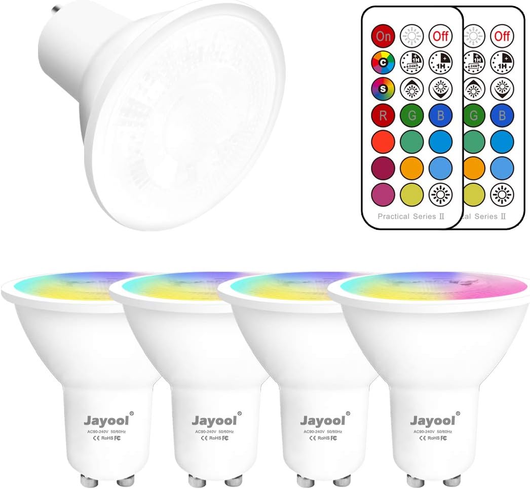 GU10 LED Bulbs, Dimmbale 5W Colour Changing Spot Light Bulb with Remote, RGB + Daylight White, Timer, 45°Beam Angle (Pack of 4)