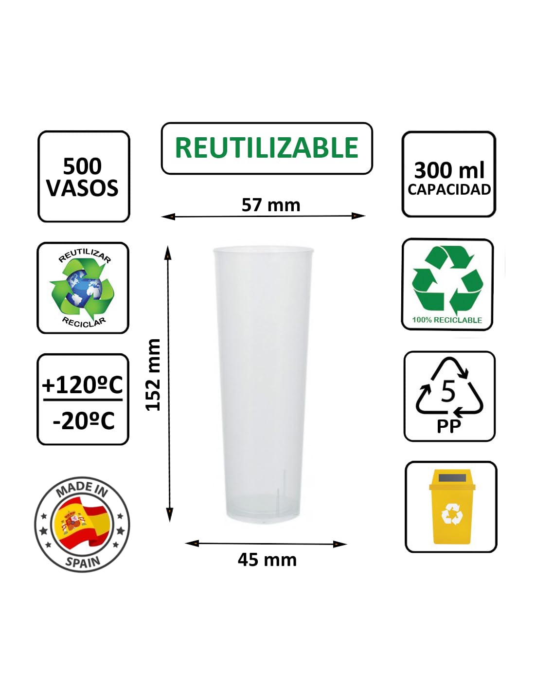 500 unidades - Vaso Tubo 300 ml Reutilizable Ligero - Polipropileno (PP) - Color traslúcido - Vaso ecológico Libre de BPA, Ideal para cerveza, cubatas, agua