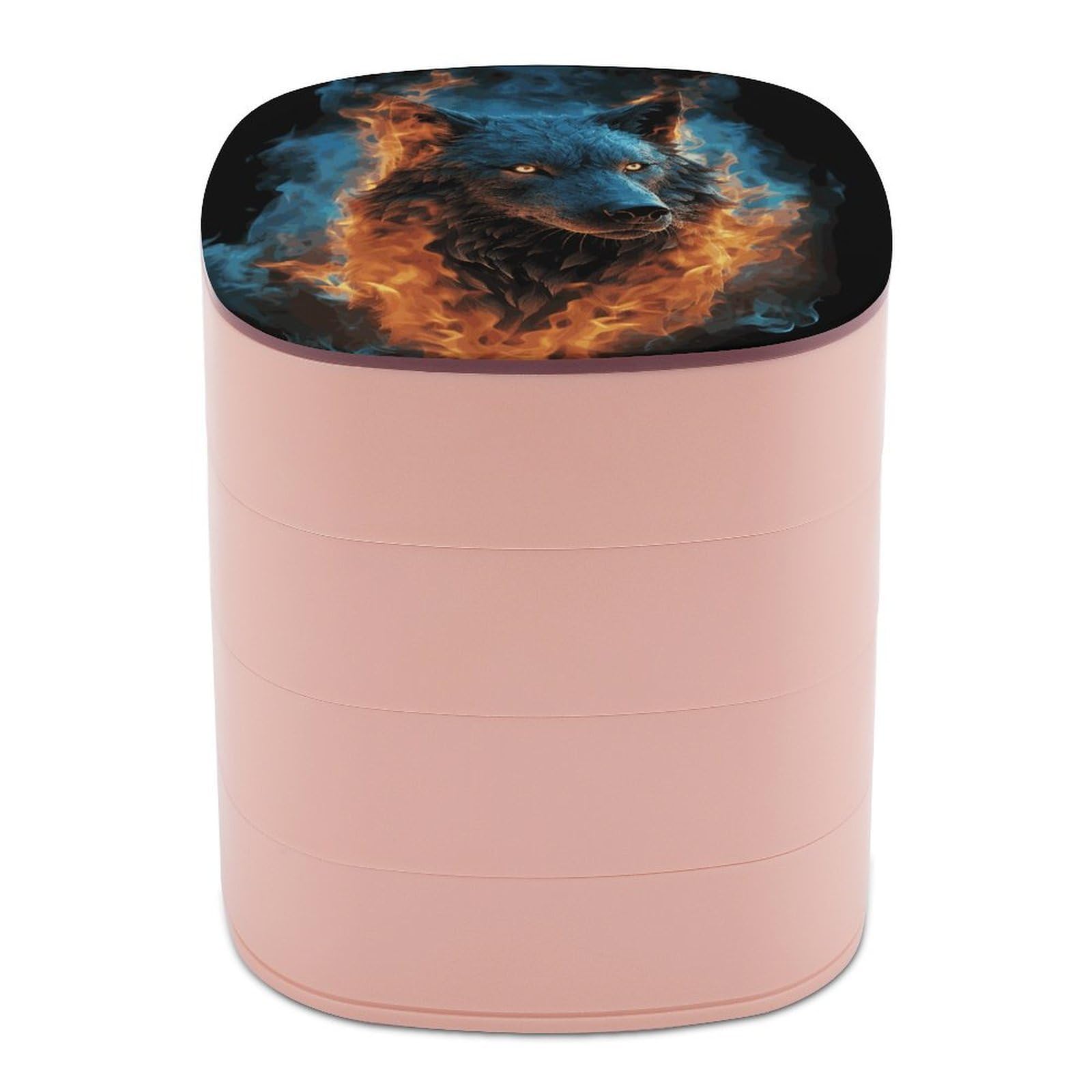 Wolf Head in Blue Flames Jewelry Box 4-Layer Covered Rotating Jewelry Storage Box Large Capacity Storage Boxes Portable Jewelry Case for Bracelets Earrings Necklace