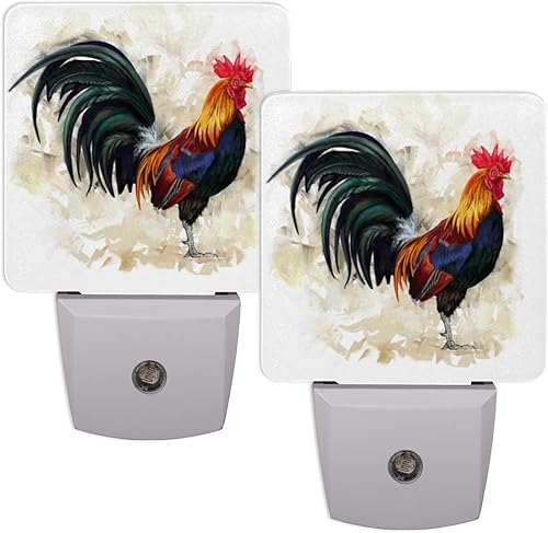 Juego de 2 luces nocturnas con enchufe de gallo de animales, luces nocturnas LED abstractas de gallo, sensor automático del atardecer al amanecer,