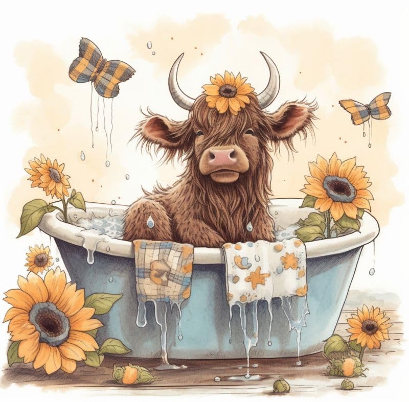 Highland Cow in Bathtub 11ct Counted Cross Stitch Stamped Pre Printed Cross Stitch Embroidery Kits for Adults Starter DIY Embroidery Needlework Kit with Patterns 50×50cm(e-l24)