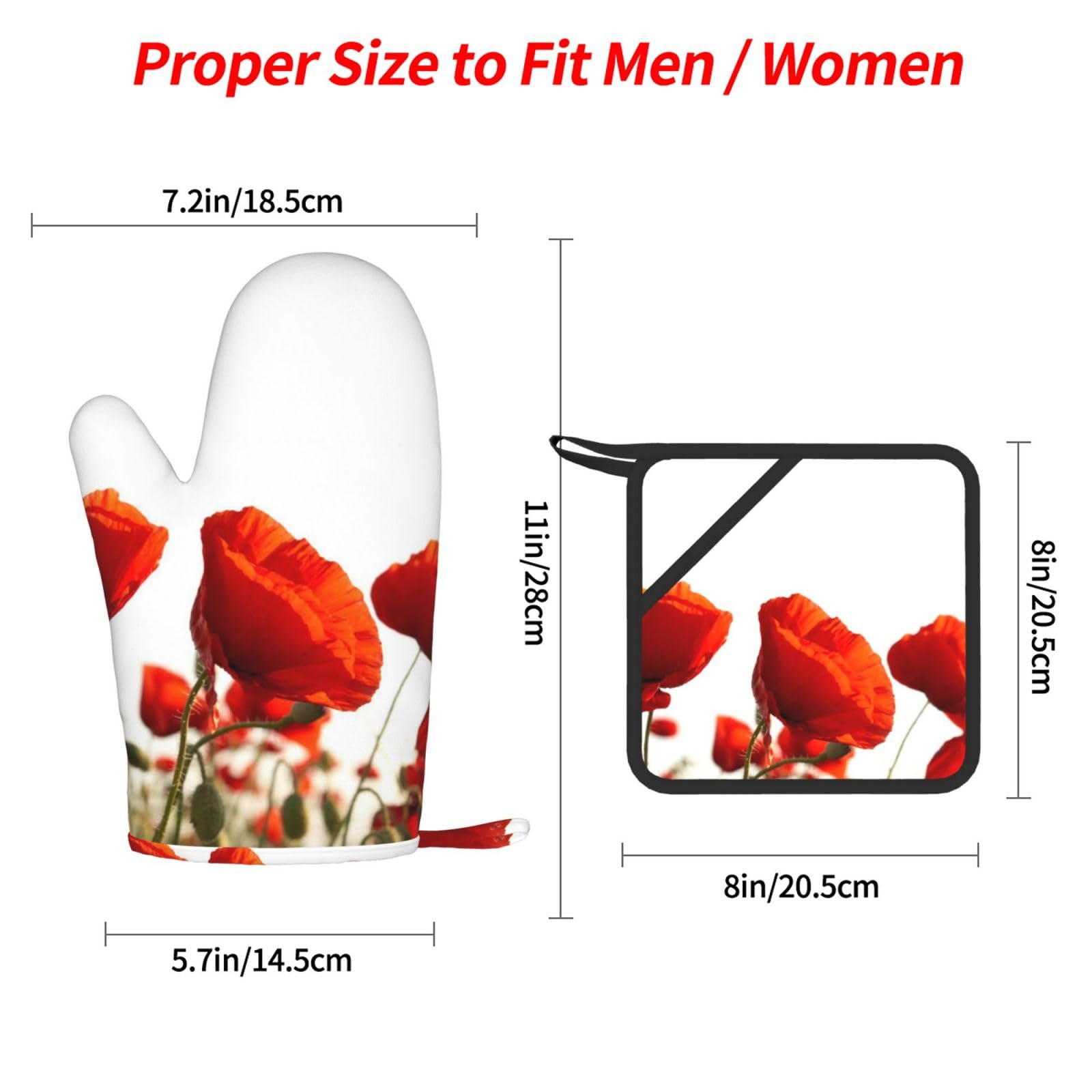 Coquelicots Rouges,Gants de Cuisine et maniques (Lot de 4), antidérapants Gants de Four résistants à la Chaleur