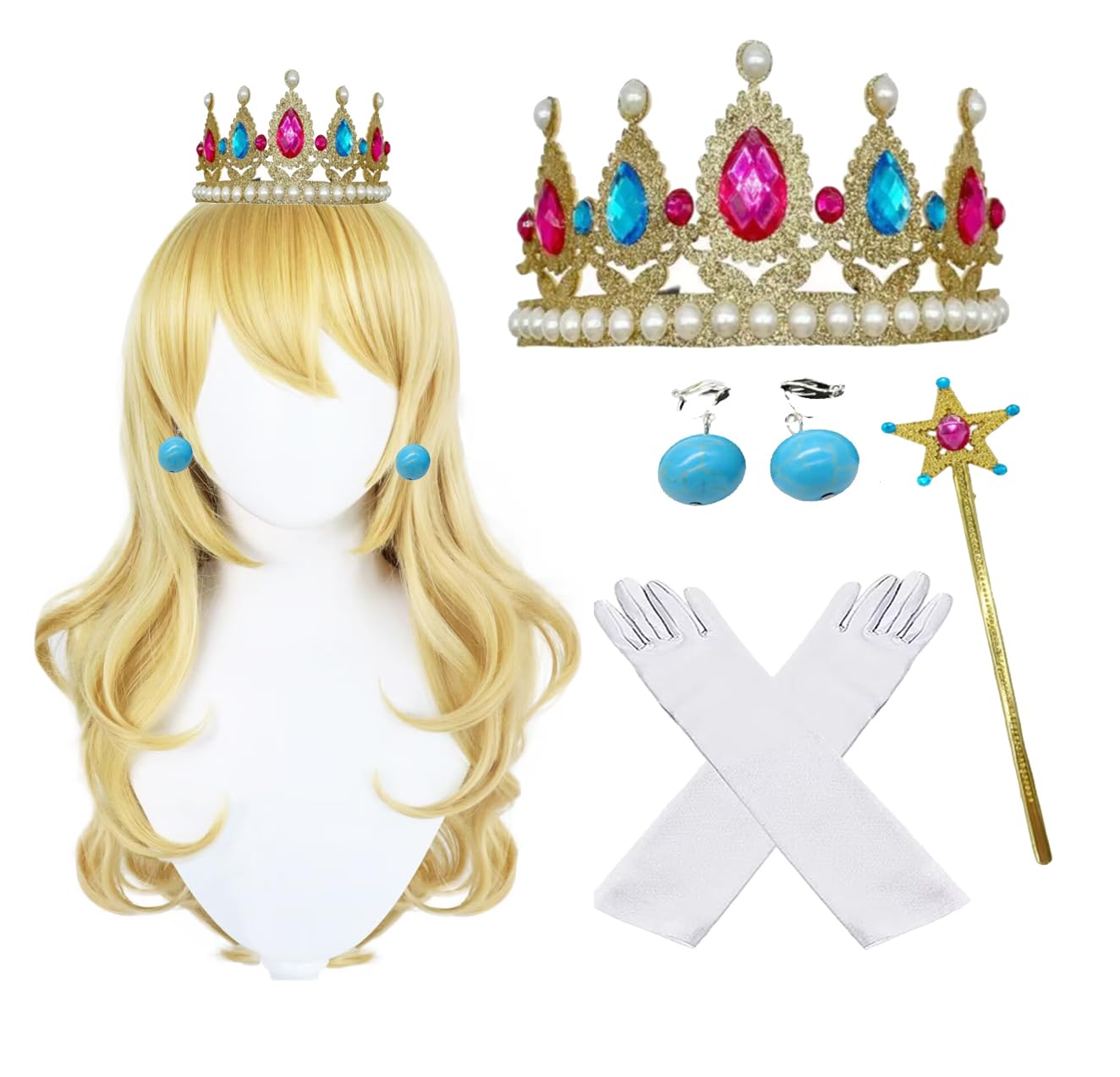 Atvscay 5PCS Princess Peach Costume Accessories Peach Crown Wig Include Peach Crown/Wig/Earring/Gloves (Sparkling)
