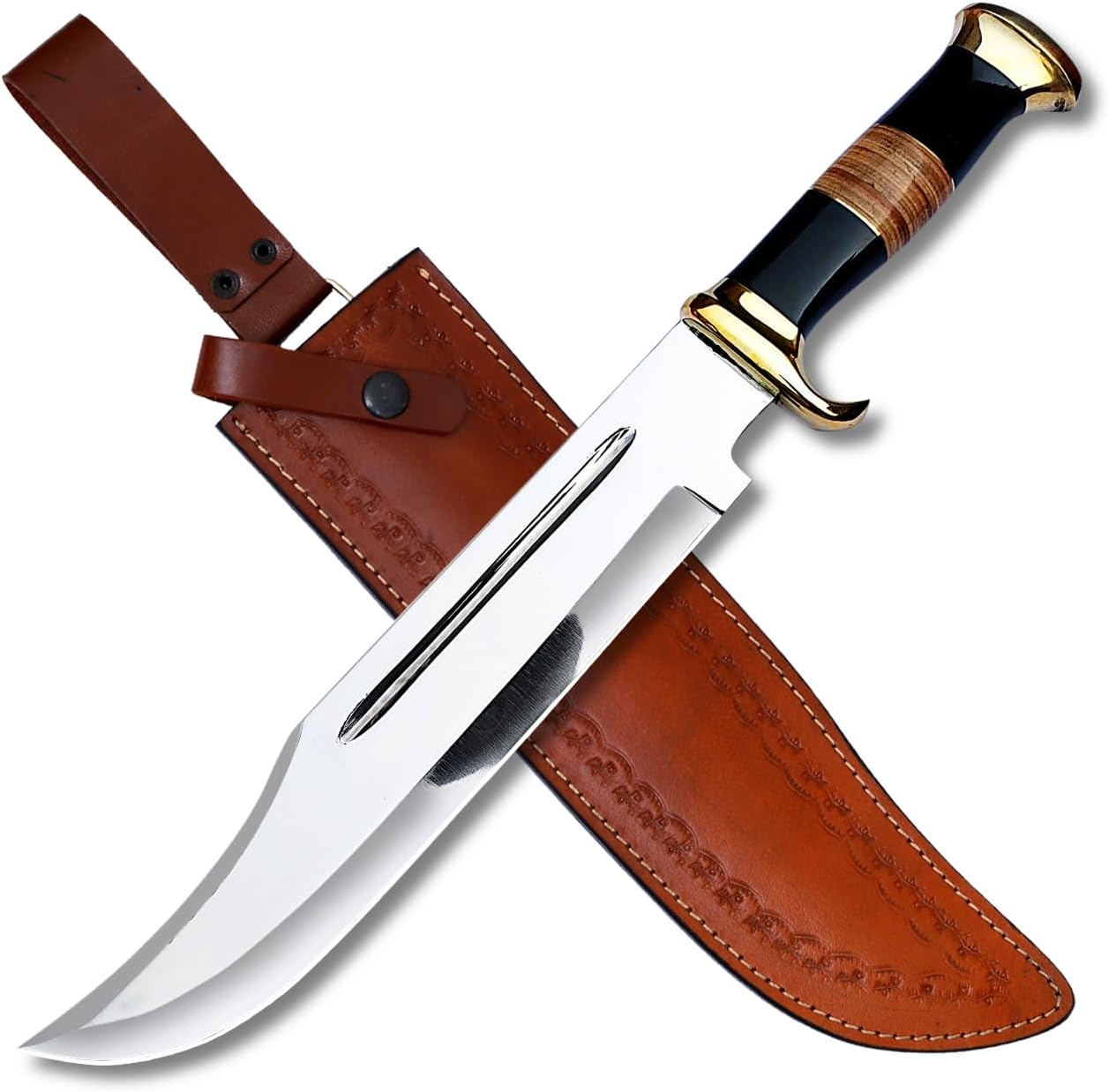 D2 18 Inches Large Crocodile Dundee Bowie Knife with Leather Sheath Tactical Survival Fixed Blade Knife with Brass Guard and Black Resin Handle for Outdoor Camping Gift for Men