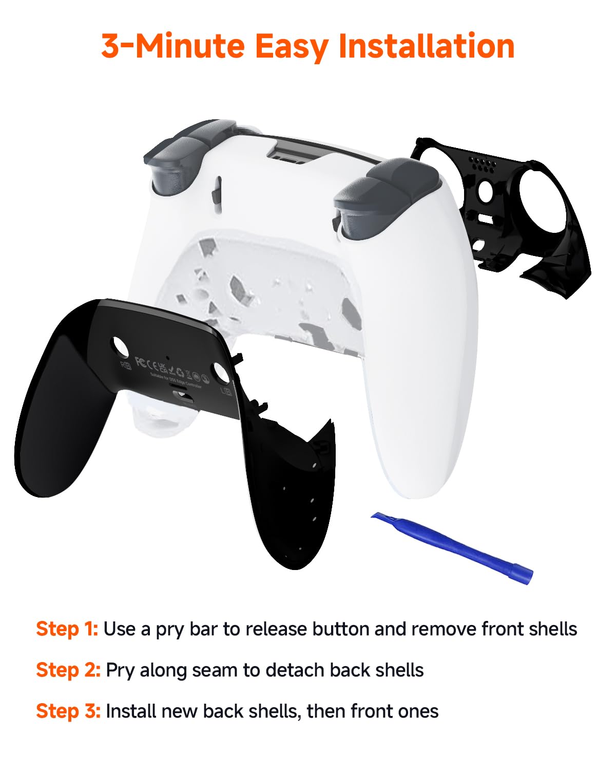 CHARM FOCUS Top Bottom Decorative Replacement Shell Set for PS-5 Edge Controller, TPE Soft Rubber Seamless-Fit DIY Front & Back Grip Cover with Anti-Discolouration & Flaking Back Clip Shell
