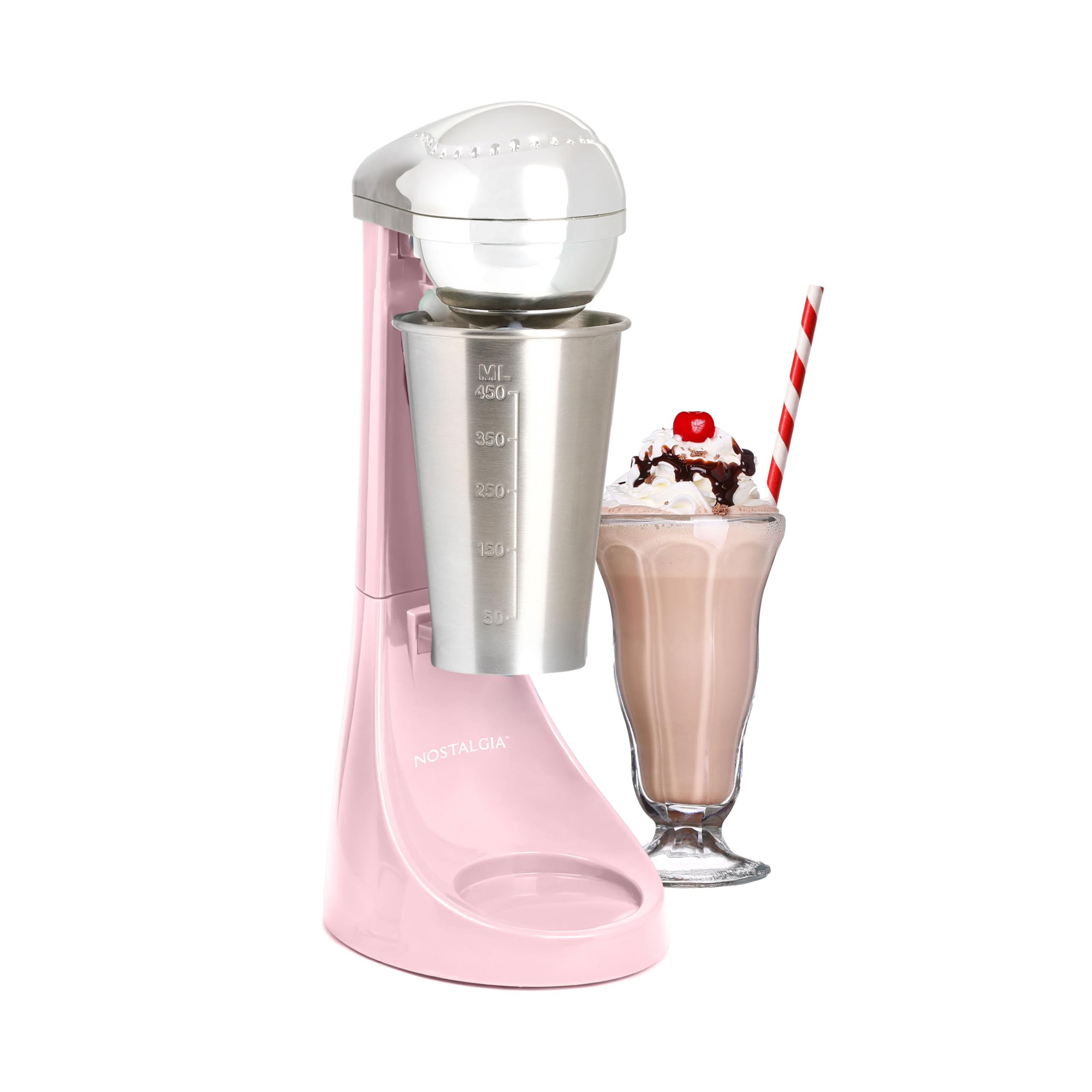Nostalgia Two-Speed Electric Milkshake Maker and Drink Mixer, Includes 16-Ounce Stainless Steel Mixing Cup and Rod, Pink