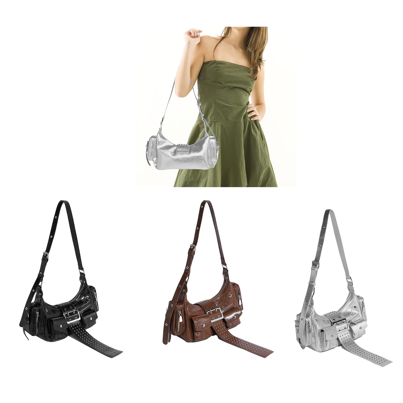 [Tertioi] Bolso de mano de piel sintética para motocicleta punk, bolsa de hombro para uso diario, con cremallera, bolso cruzado con cremallera, estilo motocicleta