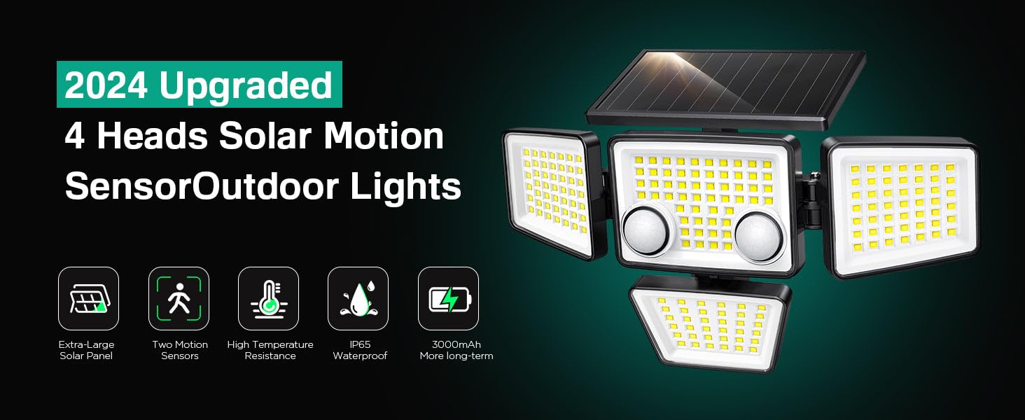 Lumisky FAIRVIEW - Set di 2 faretti solari a 4 teste nere – Luce LED potente, bianco, orientabili con rilevatore di movimento, ideali per fissare giardino, terrazza ed esterno