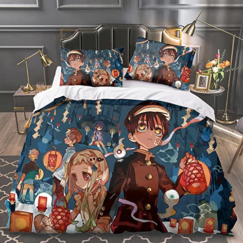LUNK Anime Duvet Cover Set - 3 Piece Toilet-Bound Hanako-kun Bedding Duvet Cover Set for Kids - Yugi Amane/Yahiro Nene Cartoon Quilt Soft Lightweight Quilt Cover