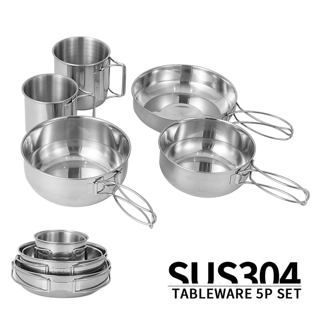 HUIOP Set di pentole da campeggio da 5 pezzi Kit di pentole da picnic portatili per esterni Stoviglie da viaggio in acciaio inossidabile Accessorio per la cucina Set di tazze per pentole,Accessorio da