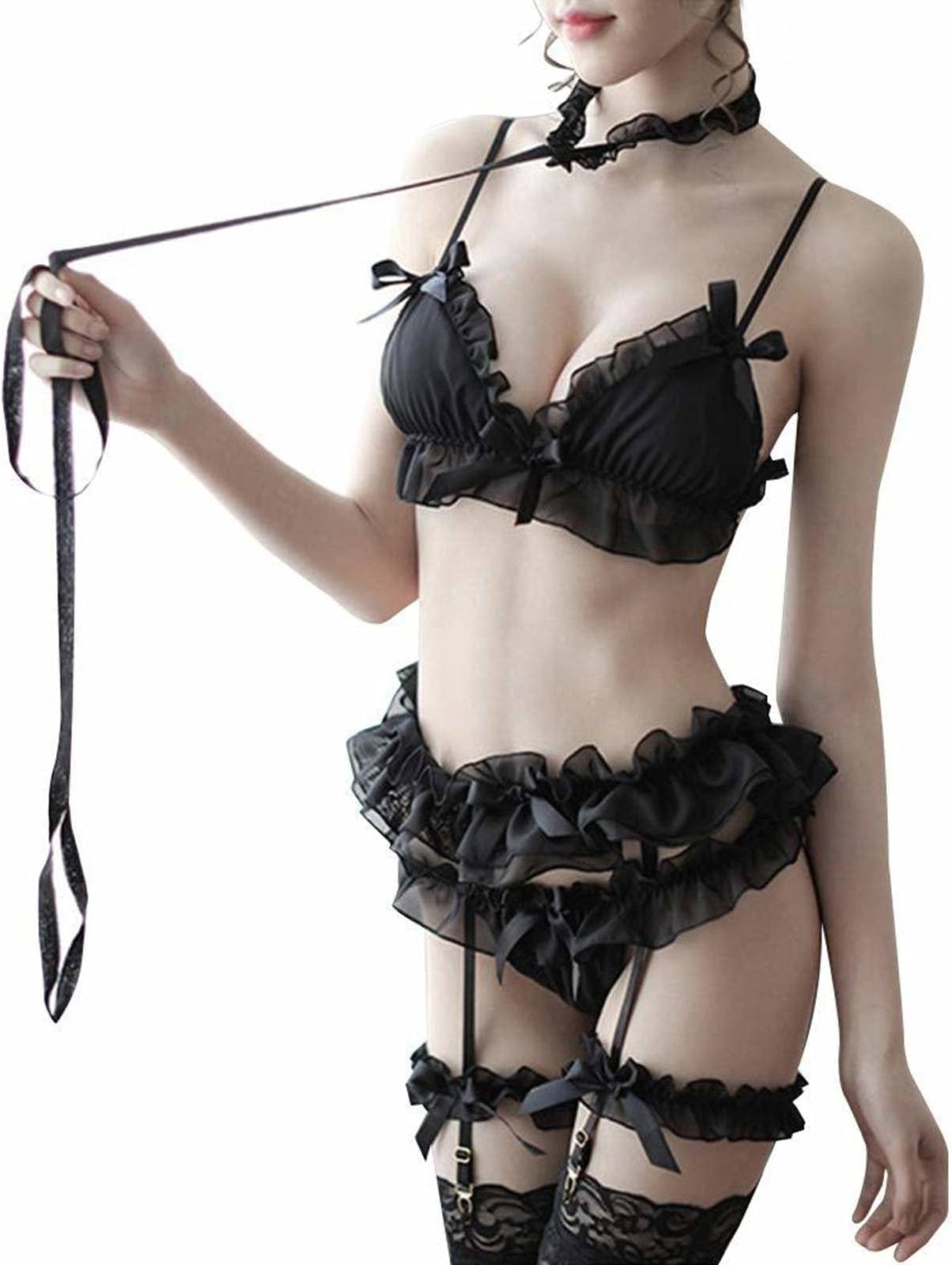 N\CLilicochan Womens Sexy Cosplay Lingerie Set Ruffle Baby Doll Teddy Outfit Bra An Pantie Nightie With Choker