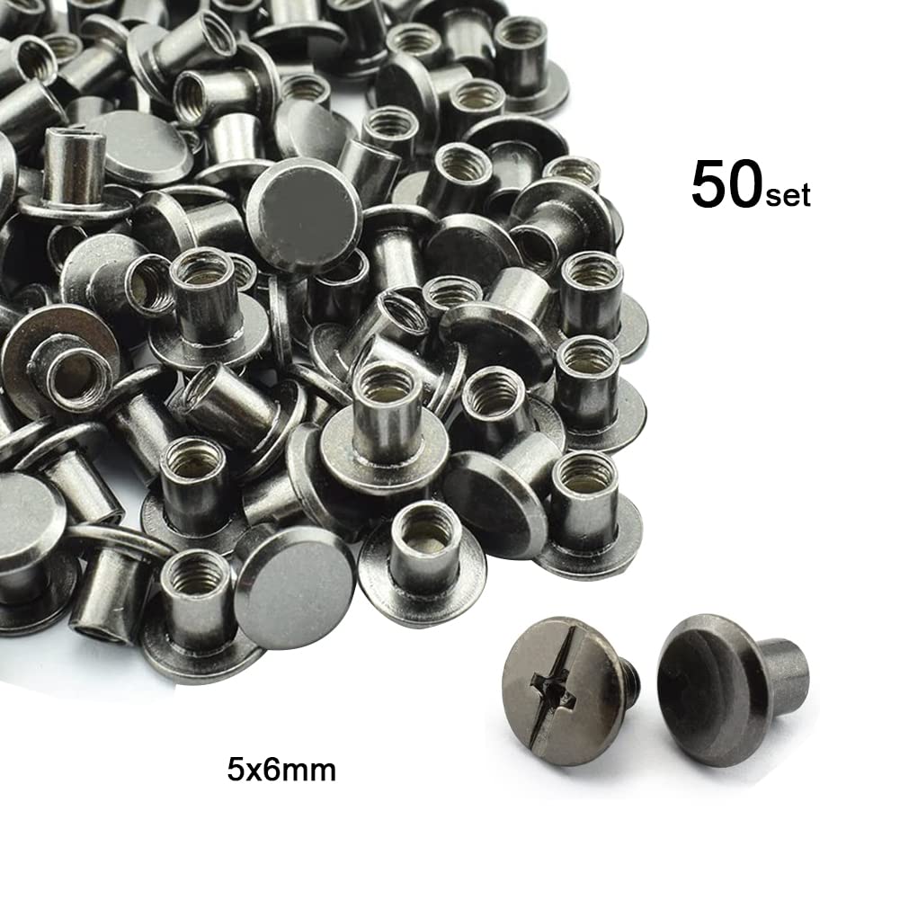 YXQ 50pcs Chicago Screw 5x6mm Slotted Binding Screws for Rivet Book Binding DIY Leather Craft Replacement Assembly, Black