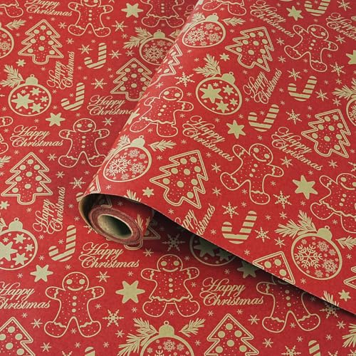 Christmas Wrapping Paper Roll 17Inch x 33Feet, Red Kraft Gift Wrapping Paper Roll, Christmas Tree Gingerbread Men Candy Cane Designs, Gift Wrap Paper for Gifts Xmas Winter Holiday Party Decoration