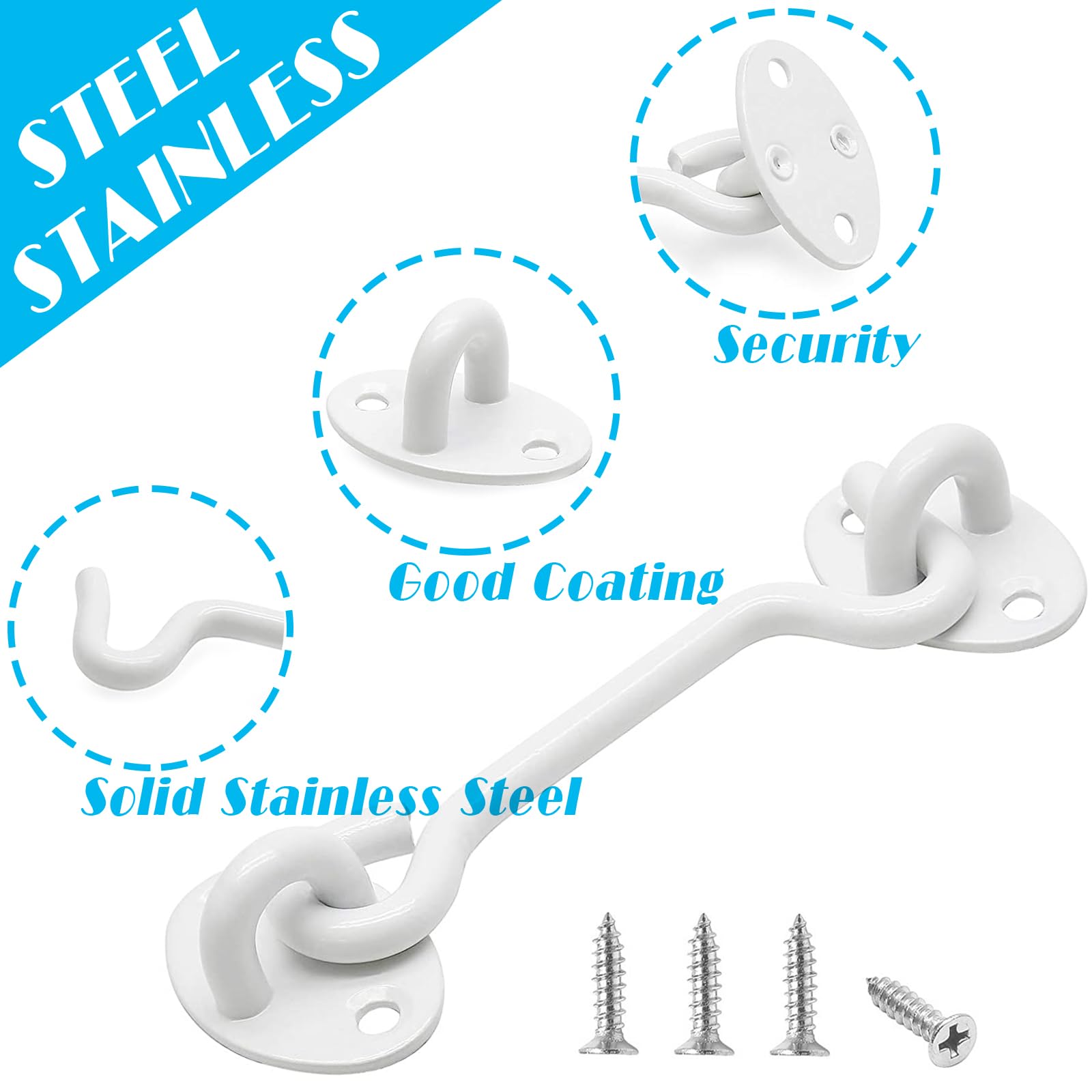 2pcs White Cabin Hooks 6 Inch, Stainless Steel Gate Hook Lock - Image 3