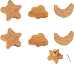 Kitchen Furniture Handles, 6 Pieces Large Solid Wood Knobs for Kids, Natural Texture Stars, Moon and Clouds Drawer Knobs, Close to Nature Decoration