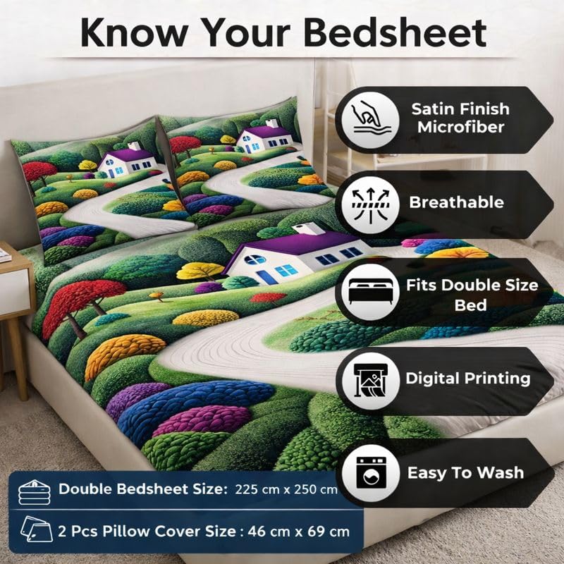 Image of Akshya Glace Cotton 7D Double Bed Sheet - Wrinkle-Free 300 TC King Size Bedsheet (90x100) with 2 Pillow Covers for Daily Use Multicolor Home Print