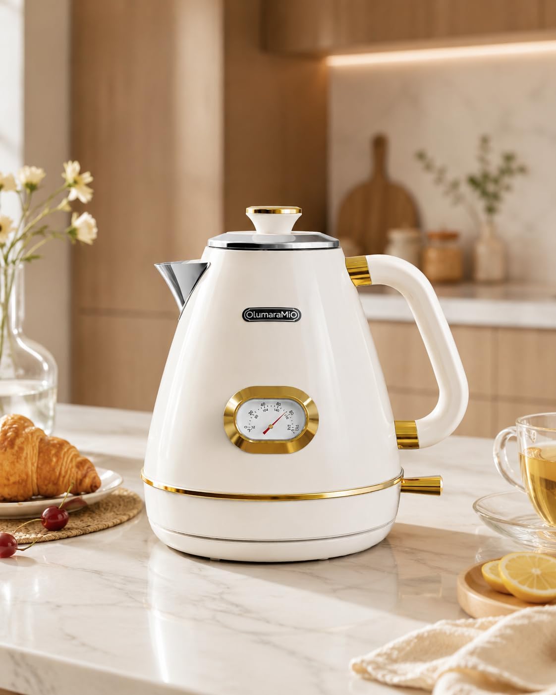 Olumaramio 1.7L Retro Electric Kettle with Thermometer, 1500W, Pearl White