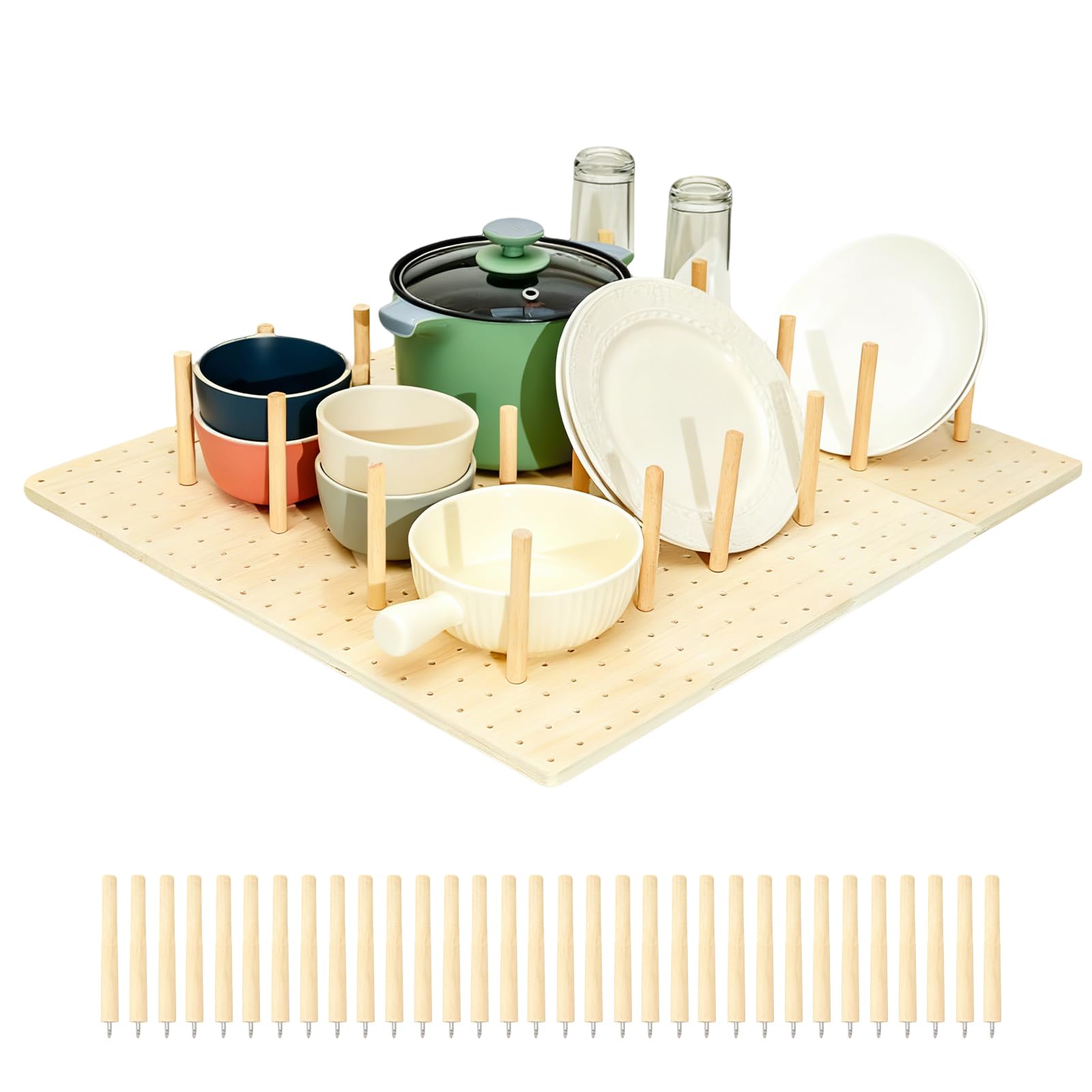Aartner Wooden Plate Rack Pegboard Drawer Organizer Set,4/6-Piece-32/48 Pegs & Screws Included Adjustable Drawer Organizer for Dishes, Kitchen Pegboard for Food Containers (4 Set(53.3X15X1CM))