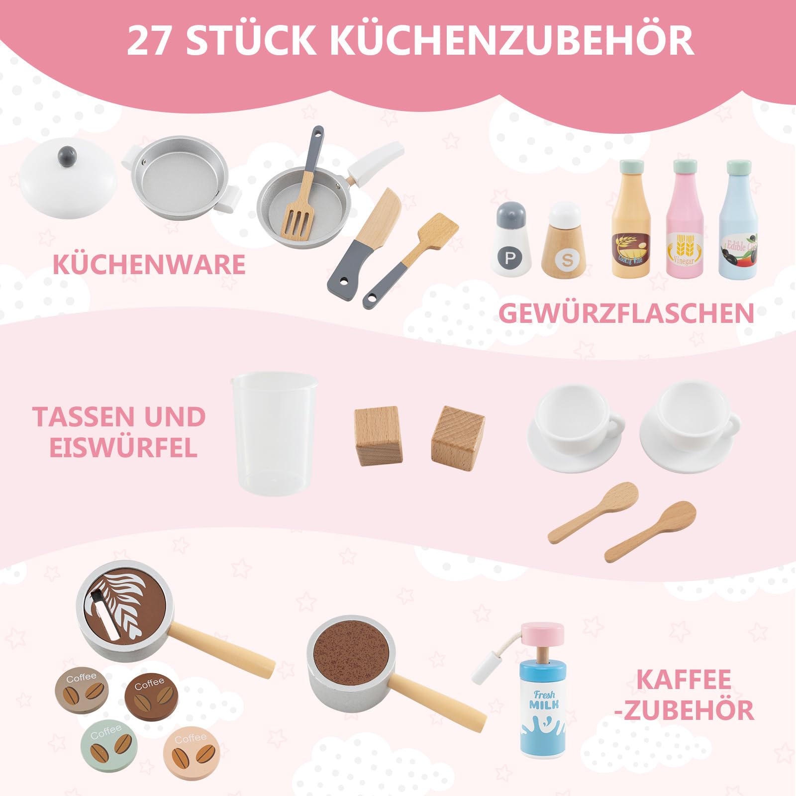 COSTWAY Kinderküche mit 27 Zubehör, Spielküche Holz mit Uhr Mikrowelle Spüle EIS- & Kaffeemaschine Geschirrständer und Waschmaschine, Spielzeugküche für Kinder ab 2 Jahren (Weiß)