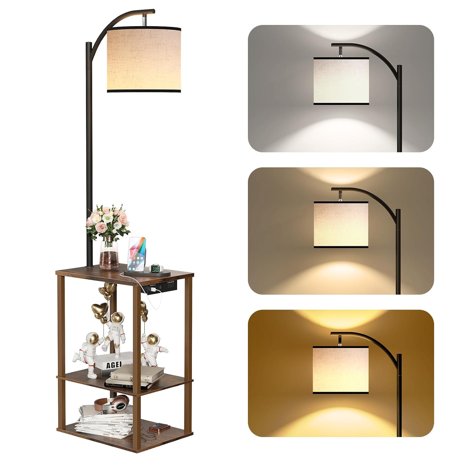 SUNMORY Floor Lamp with Table End Table for Living Room with Lamp Shelves Side Table with Charging Station