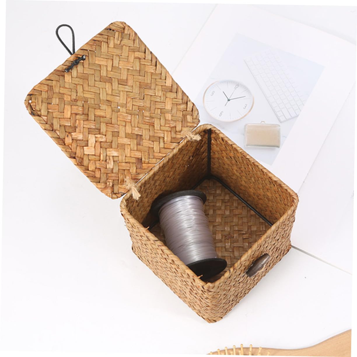 SOIMISS 3 pezzi Cesti Intrecciati in Paglia Naturale con Coperchio Contenitori Compatti e Resistenti per Frutta e Organizzazione Desktop per Casa e Regalo