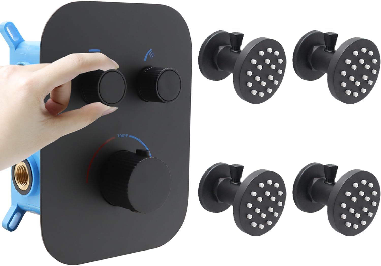 Solid Brass Matte Black 2-Way Thermostatic Shower Diverter Valve Kit with Adjustable Flow and Temperature Control, 4 Brass Shower Body Jets for Adjustable Flow and Massage Spa