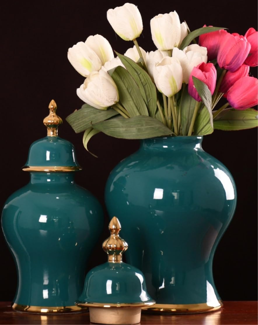Wazon na imbir, porcelanowy słoik na imbir, dekoracyjny słoik do przechowywania z pokrywką, doniczka na kwiaty, wazon na słoik do przechowywania, dekoracyjny ceramiczny wazon (26 * 48 cm) (zielon