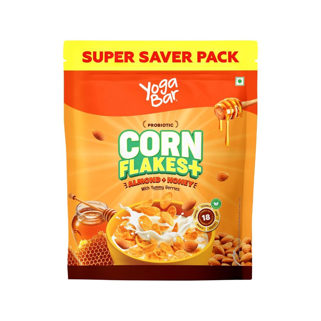 Yogabar Cornflakes with Almonds, Honey & Berries | Crunchy Breakfast Cereals with Probiotics 850g | Real Honey & Almond