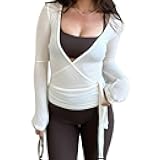Women Y2k Tie Wrap Tops Deep V-Neck Ballet Tie Top Cross Wrap Tie Long Sleeve Yoga Workout T-Shirt Top
