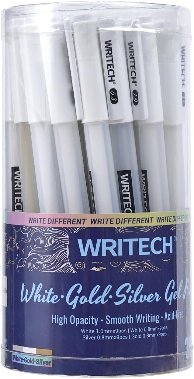 WRITECH White Gold Silver Gel Pens Set, 36 Pack Assorted Sizes 0.8mm & 1.0mm, High Opacity Metallic Gel Pens for Black Paper, Smooth Writing Acid-Free Pens for Journaling, Scrapbooking, Drawing