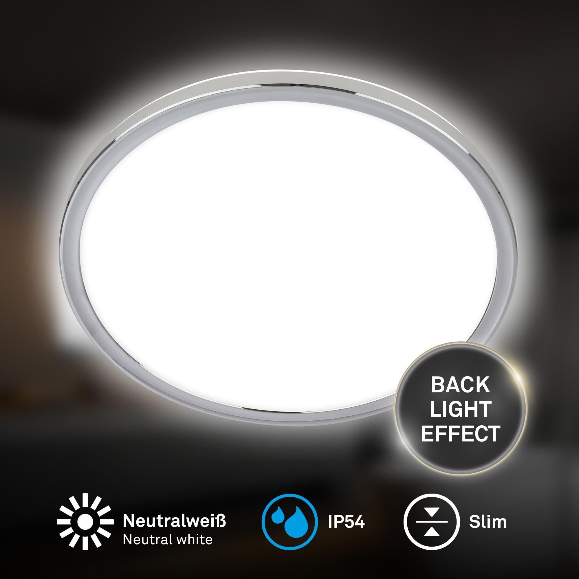 BRILONER - LED Deckenlampe Bad mit indirektem Licht, flach, IP54 Staub- Spritzwasserschutz, Deckenleuchte, LED Panel, Badlampe, Badezimmerlampe, Küchenlampe, Feuchtraumleuchte, 42x2,8 cm, Chrom