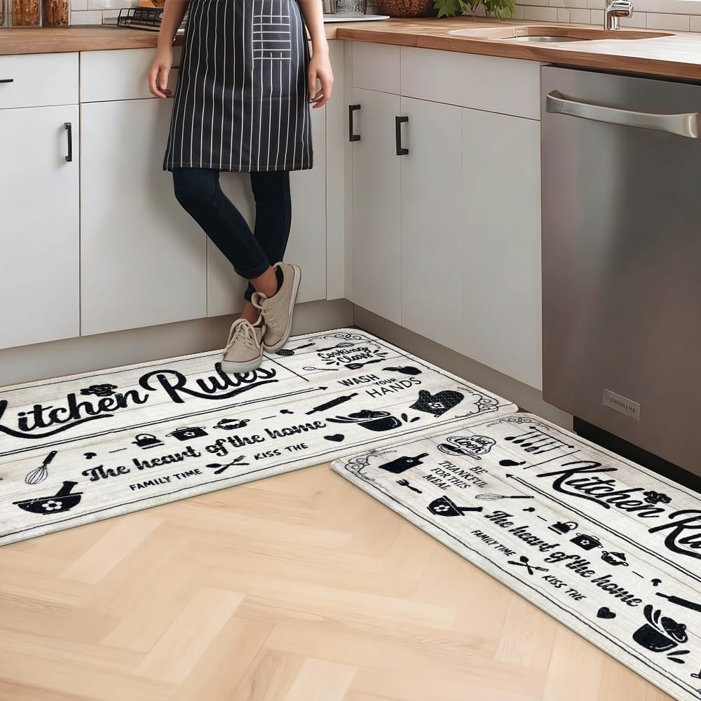 Kitchen Mats 20x47inch High Pile Rug,Thickened Kitchen Rug Kitchen Rules Theme Rugs Waterproof Non-Slip Rugs Comfort Standing Mat for Kitchen, Laundry Room, Farmhouse Home Decor