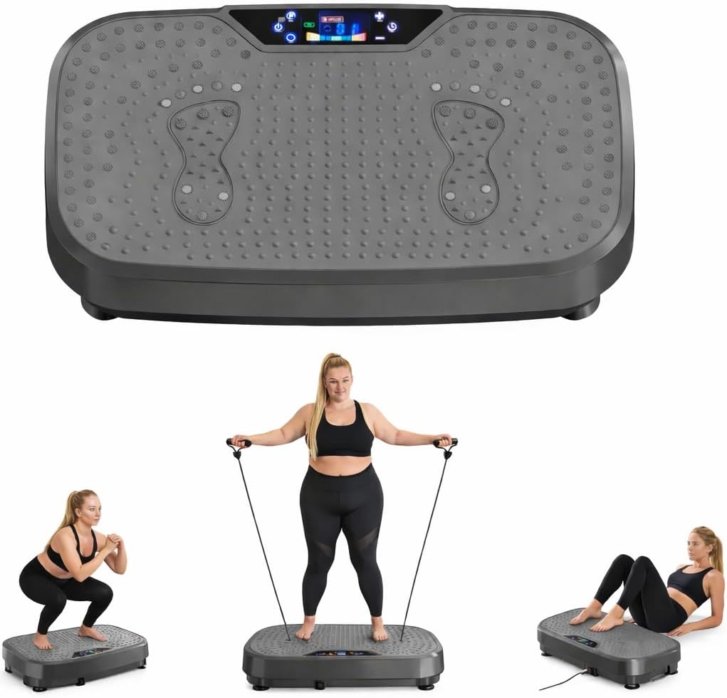 FlexiSpot Vibration Plate Fitness Equipment, Exercise Bike with 2 Resistance Bands, 120 Speed Levels, LCD Touch Display, Remote Control, 150 W Motor, Full Body Training, Max. 120 kg, Black
