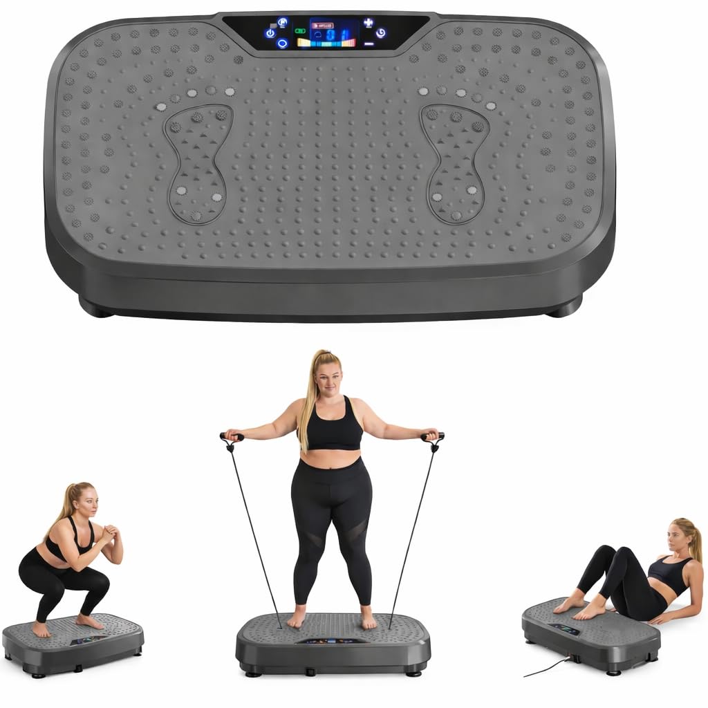 FlexiSpot Vibrationsplatte Fitnessgerät, Heimtrainer mit 2 Widerstandsbänder, 120 Geschwindigkeitsstufen, LCD Touch Display, Fernbedienung, 150W Motor, Ganzkörpertraining, Max. 120kg Schwarz