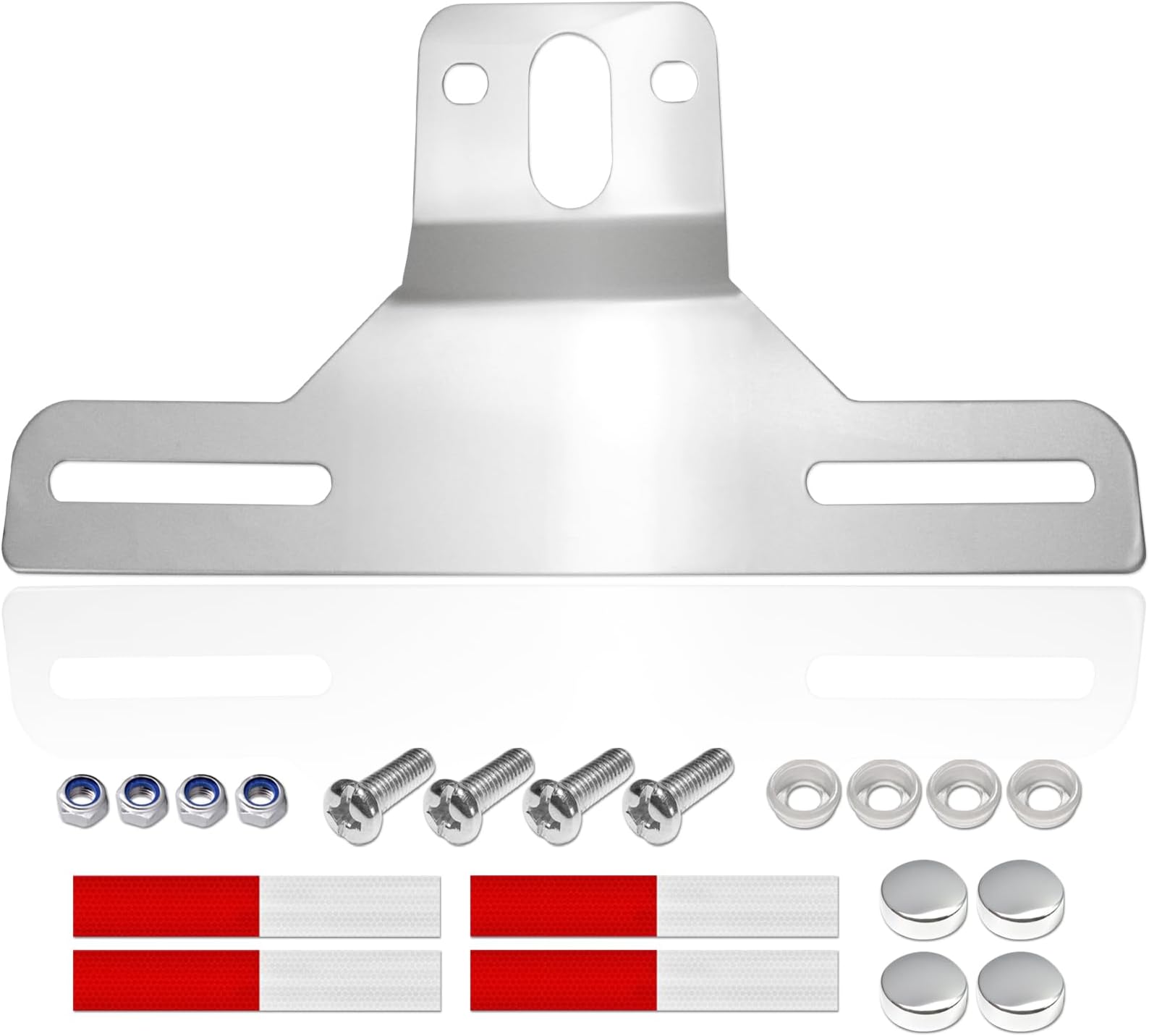 BGGTMO Trailer License Plate Holder Bracket- Stainless Steel Metal Car Tag Frame for UTV ATV Truck RV Boat, 1 Pack Chrome Holder with Screw Caps and Reflective Strip