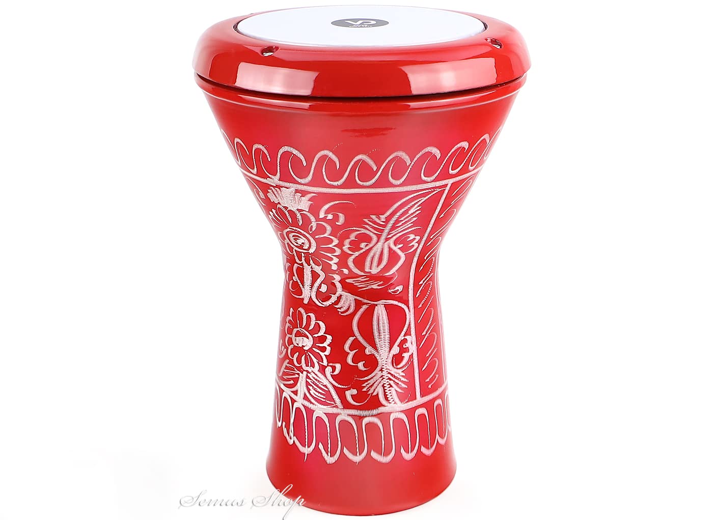 Darbuka - Tamburo per bambini orientali in alluminio pressofuso inciso a mano, colore rosso minerale