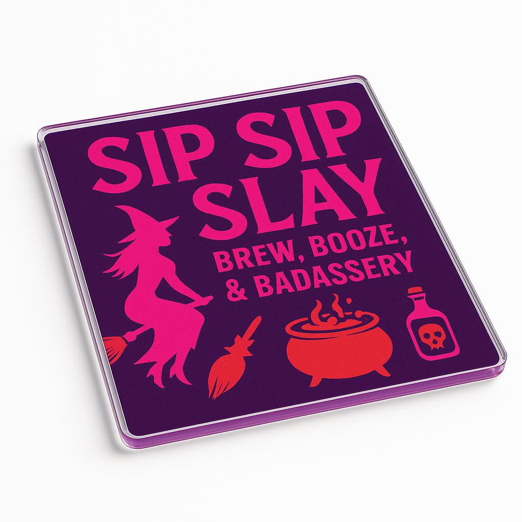 Modern Acrylic Coaster Gift - Bold Brew Spell Halloween Design with Feminine Witchy Vibes